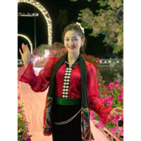 áo cóm cổ V phi bóng đỏ đô nẹp đen tay tơ dài xoè , áp cóm dân tộc thái