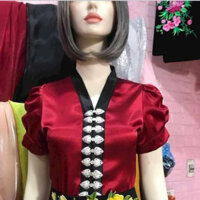 áo cóm cổ V phi bóng đỏ đô nẹp đen tay cộc bồng , áo cóm dân tộc thái
