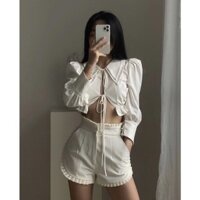 Áo công nương sơ mi crotop cách điệu phối với quần công tước trắng