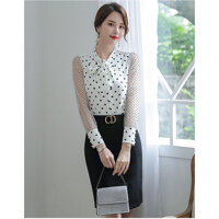 ÁO CÔNG SỞ CHẤM BI THẮT NƠ CỔ ÁO - TRẮNG - XL