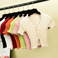 Áo cotton đan kim tay ngắn cổ chữ v thời trang cho nữ