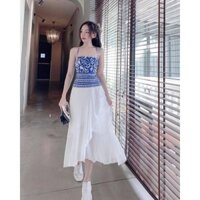 Áo crop thổ cẩm + chân váy yoona