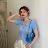 Áo crop top cắt ngắn phong cách phương Tây phong cách Hàn Quốc với áo thun ngắn tay có dây kéo đôi dành cho nữ