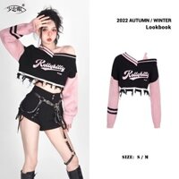 Áo crop top phong cách Mỹ, áo len hồng, thiết kế cảm giác, nữ hot girl, áo ngắn tay dài, thêu hồng, lệch vai