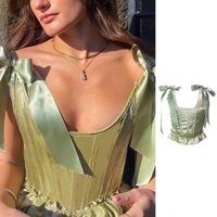 Áo croptop 2 dây vải lụa satin màu trơn thắt nơ thời trang cho nữ