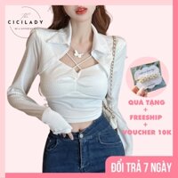 Áo croptop 2 lớp tay dài phối dây buộc cổ A1005