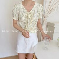 Áo Croptop - áo croptop hoa nhí tay ngắn bèo gấu, bèo nhún đôi dọc thân