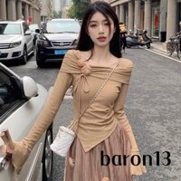 Áo Croptop, Áo Thun MikaShop Áo Kiểu Trễ Vai Dài Tay Loe Đính Hoa Vạt Chéo Tôn Eo Phong Cách Ngọt Ngào tiểu thư Hàn Quốc