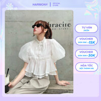 Áo Croptop Babydoll Trắng Tay Phồng Cổ Bèo Kèm Quần Suông Sọc Thiết Kế Nhẹ Nhàng