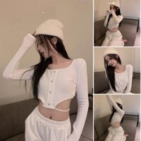 Áo Croptop Body Cổ U Tay Dài, Thiết Kế Cut Out Phối Hàng Cúc Ngọc Cực Chất A5345 - Envi Botique