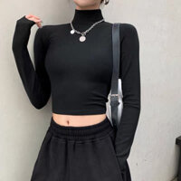 Áo croptop cao cổ dài tay- Áo thun nữ dài tay chất len gân mềm đẹp