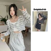 Áo croptop cardigan dài tay khoác ngoài cho nữ dệt kim len kẻ sọc phong cách Hàn Quốc phối kẻ xinh xắn L102 HL-1.1