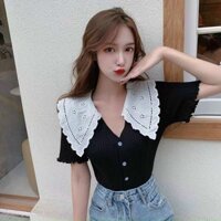 Áo Croptop Cổ Thuỷ Thủ Phối Ren Siêu Đẹp Phong Cách Trẻ Trung năng Động | Áo Croptop Cổ Thuyền CT36 | Mazingshop