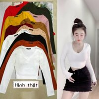 ✈﹊Áo croptop cổ tim ❤️ tay dài Basic JOY BABE 🖤 thun xịn đường may tỉ mỉ Forever 21 ⚡ chữ V kiểu hot girl CROD 2 -2E