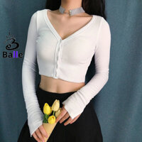 Áo Croptop CỔ TIM CÀI NÚT TAY DÀI Chất Thun Gân Kiểu Sexy Nữ, Áo Thun Ôm Body Đẹp Tôn Dáng Balle.vn