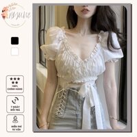 Áo Croptop Cổ V Bẹt Vai Tay Ngắn Cánh Tiên Phồng Bo Eo Thắt Nơ Ngực Tiểu Thư Retro HIJUNE CT11