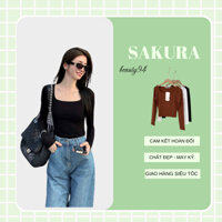 Áo croptop cổ vuông dài tay thun trơn ôm body crotop nữ vải cotton borip màu trắng đen co giãn tốt