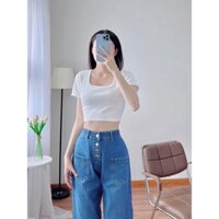 Áo Croptop Cổ Vuông Ngắn Tay - Áo Thun Trơn Body Dáng Ôm, Phông Ngắn