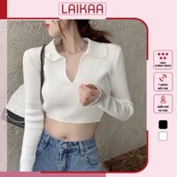 Áo Croptop dài tay cổ V xẻ lưng buộc dây sau Ullzang, Vải thun gân dài tay ôm eo LAIKAA - C02