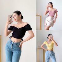 Áo croptop dây rút có thể mặc hai kiểu trể vai và cổ vuông hàng cam kết chuẩn đẹp