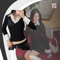 Áo croptop đen, dài tay phối cổ sơ mi cá tính, crt thun nữ sexy, ôm body dài tay ngầu cá tính giá rẻ