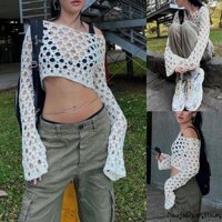 Áo Croptop Dệt Kim Tay Dài Màu Trơn Dáng Ôm Hở Ngực Thiết Kế Đơn Giản Thời Trang Cho Bạn Gái