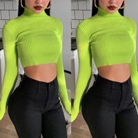 Áo Croptop Dệt Kim Tay Dài Màu Xanh Lá Trơn Dạ Quang Thời Trang Mùa Thu Cho Nữ