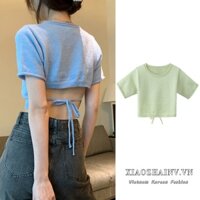Áo Croptop Dệt Kim Tay Ngắn Thắt Nơ Sau Lưng Thời Trang Hè Phong Cách Hàn Quốc 3 Màu Tùy Chọn Cho Nữ Xiaozhainv