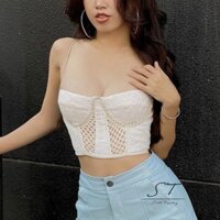 Áo Croptop Hai Dây Đính Hạt Màu Trắng Thời Trang Mùa Hè Cho Nữ CY03-