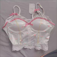 Áo Croptop Hai Dây Phối Ren Lưới In Hoa Thắt Nơ Trước Dễ Thương Dành Cho Nữ.