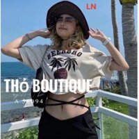 Áo croptop Hàn Quốc thun cotton cổ tròn tay ngắn in chữ BEEPRO cây dừa