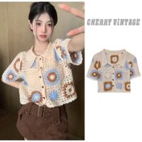 Áo croptop hoa cúc cổ bẻ, áo len đan móc hoạt tiết thổ cẩm hàng Quảng Châu chất đẹp, phong cách Cherry Vintage