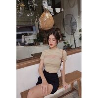 áo croptop khoét ngực cổ tròn freesize màu kem bơ new