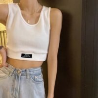 Áo croptop không tay in chữ Denim