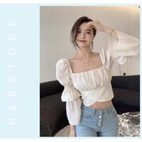 Áo croptop kiểu, áo croptop bánh bèo, áo nữ ngắn tay bồng dài cột nơ to - Alice Store