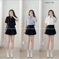 Áo croptop kiểu cổ vest, áo croptop nữ tay ngắn vải đũi hàn 2 túi giả 3 nút