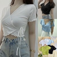 Áo croptop kiểu LILAC form ôm 🥝 thun gân xịn co giãn 4 chiều, có dây cột eo,áo crop top kieu tay ngắn CRON 201 - 5E