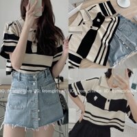 Áo croptop len mỏng, áo croptop có cổ len lỗ thoáng mát thêu ngực - AK05