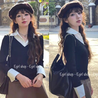 Áo croptop màu đen,áo crt thun nữ kiểu phối cổ sơ mi trắng ôm body tay dài sexy cá tính đẹp,ngầu giá rẻ