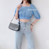 Áo croptop màu xanh nước biển, chất thô hàn mát mẻ Sunflower Store