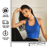 Áo croptop Minchi nữ ôm kiểu dáng bra cổ yếm ba lỗ hở lưng hàng đẹp 2 lớp vải cotton borip 4 chiều tập yoga