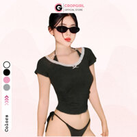 Áo croptop nhún eo cổ tròn viền ren giả yếm đính nơ CROPGIRL áo kiểu nữ phong cách tiểu thư CGC17