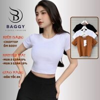 Áo croptop nữ cổ tròn cộc tay ôm body vải cotton bozip dày đẹp cao cấp crotop nữ thun co giãn tốt BG214A