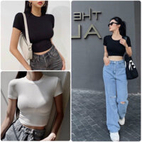 Áo croptop nữ cổ tròn cộc tay vải cotton bozip dày đẹp ôm body cao cấp crotop nữ thun co giãn tốt HQ214A.