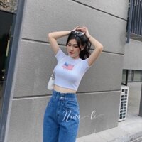 Áo Croptop Nữ Cộc Tay In Họa Tiết Cờ 3 Màu Siêu Xinh