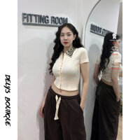 Áo croptop nữ Delys AC235 cài cúc phối cổ da beo ôm body thời trang