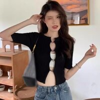 Áo Croptop Nữ Mùa Hè Màu Trơn Đơn ngực Rỗng Thiết Kế Mỏng Gợi Cảm Rốn Dệt Kim Áo Thun Ngắn Tay Top