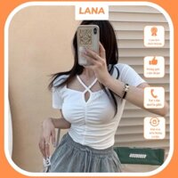 Áo croptop nữ ngắn tay đan dây chéo , áo kiểu nữ LANA nhún giữa chất thun gân mềm (mã LA09)