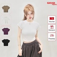 Áo croptop nữ ôm body GRADPOPU PAT121 cổ tròn tay ngắn basic, áo thun trơn raglan nhiều màu cotton thoáng mát
