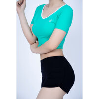 Áo Croptop nữ tập thể thao nữ tay ngắn phối viền cổ tim màu Xanh bích - XL